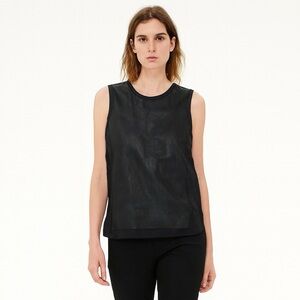 Vince Lamb Leather Silk Panels Navy Sleeveless Crew Neck Top Size 6